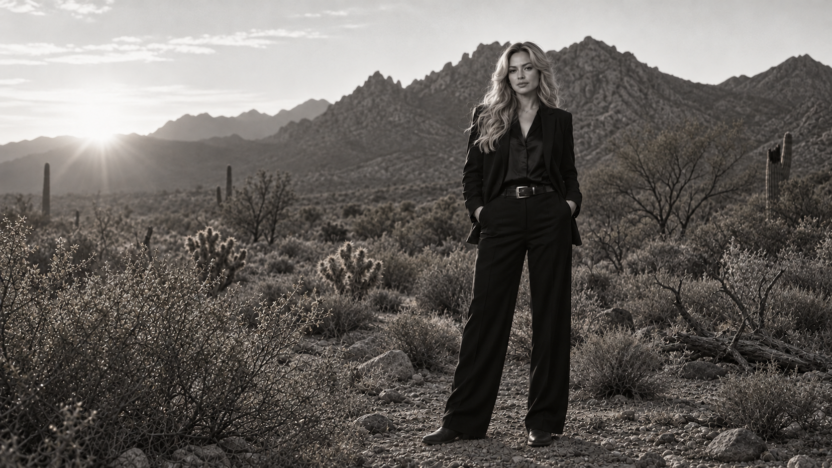 Georgia Ribeiro before the McDowell Mountains in the Sonoran Desert